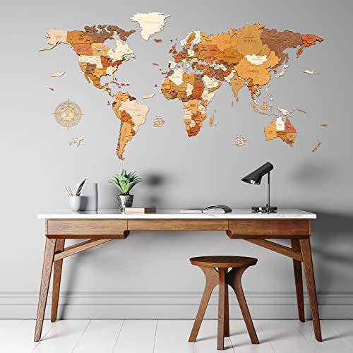 Hölzerne Weltkarte Wanddekoration - mehrschichtig, gebeiztes Holz, eingravierte Namen - einzigartiger 3D-Effekt - für Wohnzimmer, Büro und Schlafzimmer L120 (120x60 cm) Traveler