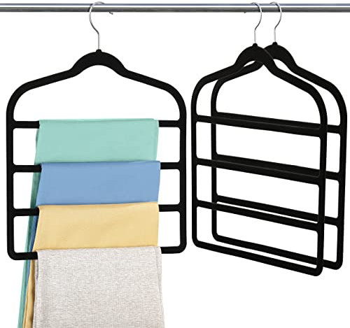 Jeowoqao 3 Pack Multi Bar Velvet Clothes Hanger - Space Saving Non-Slip Trouser Hanger for Pants, Jeans, Scarf, Belts, Ties, Towel (Black)