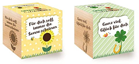 Feel Green Celebrations Ecocube, Semi di Girasole bio, cubo di Legno con Incisione Laser für Dich Soll Immer Die Sonne Scheinen & Celebrations Ecocube, quadrifoglio portafortuna, cubo in legno