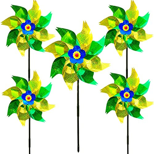 Bird Deterrent Reflective Windmill, Wind Spinner Bird Repellent Balcony Fruit Garden,Windmühlen für draußen und Garten,vogelschreck taubenabwehr vogelabwehr windrad (5pcs- Golden Grün)