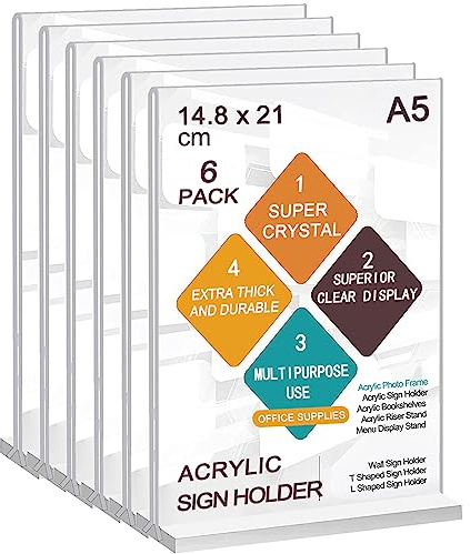 ROSSHINE A5 Acrylic Sign Holder, 6pack T-Shape Double-Side A5 Perspex Display Stand, Clear Poster Menu Holders for Office Shop Restaurant School
