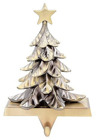 The Christmas Workshop Stocking Holder/Antique Finish Hanger in Silver or Gold/Festive Decoration with Metal Hook and Weighted Base/Reindeer or Christmas Tree (Gold Christmas Tree)
