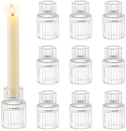 Romadedi Glass Candle Holder for Candlestick - 10Pcs Clear Small Tapered Wedding Christmas Decor Bulk for Candle Sticks Party Table Living Room Dinner Advent Gift Centrepiece Decoration