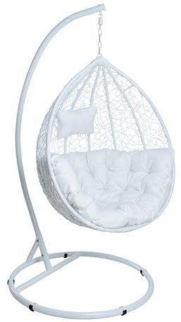 ESTEXO Polyrattan Hängesessel Hängekorb mit Gestell und XXL Relaxkissen Hängestuhl (Weiß)