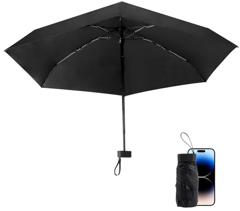RISVOWO Mini Regenschirm Sturmfest, Taschenschirm inkl. Schirm-Tasche & Reise-Etui, Umbrella Mit 6 Rippen, Kompakt UV Faltender Regenschirm, Sonnenschutz für Erwachsene und Kinder, Schwarz