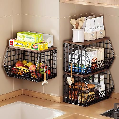 Laphontab Frutero de Cocina 1 Nivel - Organizador Plegable y Apilable con Tabla de Madera - Negro Moderno - Montaje en Pared