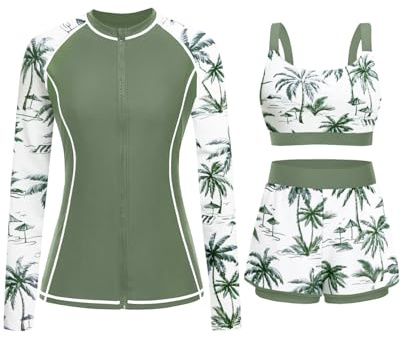 Green Palm Tree 3 Piece Rash Guard for Women - Long Sleeve Swimsuits with Shorts SPF Zip up Swim Shirt with Built in Bra M