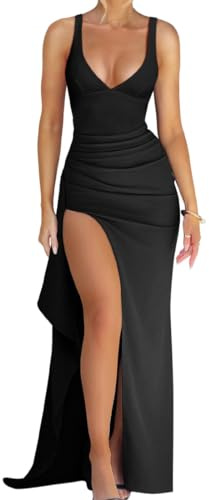 AOWVUTS Vestidos de Fiesta para Mujer Vestidos Formal de Noche Sexy Vestido Ajustado sin Mangas Vestido Elegante Cuello en V Abertura Alta Bodycon Slim Fit Elástico para Cóctel Club