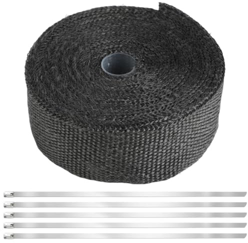 Bande Thermique Échappement 10M Noire en Fibre de Verre, Largeur 5CM avec 5 Colliers en Acier Inoxydable, Ruban Isolant Collecteur Auto Moto