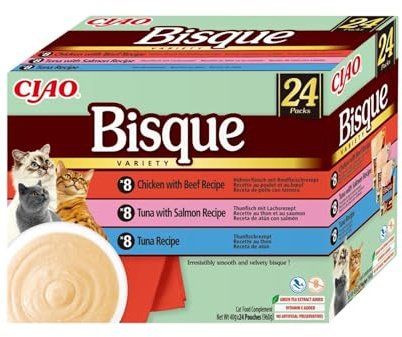 INABA Ciao Bisque Gatos - Receta Saludable de Crema de Pollo y Atún, con Ternera y Salmón - Comida Húmeda - Alimento Complementario Natural, sin Cereales - 960g (24 Sobres x 40g)