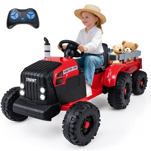 COSTWAY 24V Tracteur Électrique Enfant avec Remorque Amovible & Télécommande, Voiture Électrique Enfants avec Musique & Klaxon & Phares LED, Démarrage en Douceur, 3,2-6 km/h pour 3-8 Ans (Rouge)