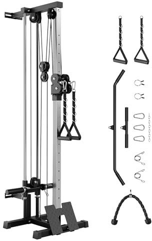 Garvee Wall Mount Cable Station, LAT Pulldown Machines with 19 Positions Dual Pulley System, Cable Crossover Machine with Adjustable Footplate, T-Bar and More Attachments, Workout Equipment Home Gym