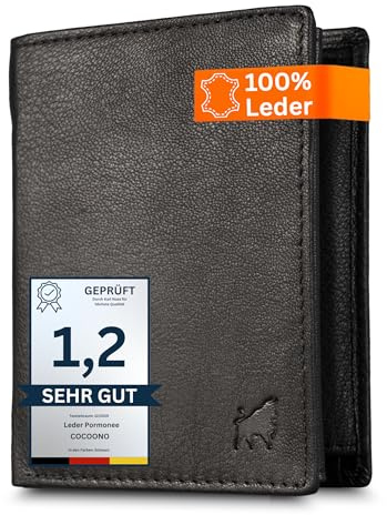 Cocoono Leder Geldbörse Herren mit RFID Schutz I Echtleder Geldbeutel für Männer I Münzbörse Portemonnaie Brieftasche Wallet Portmonee (Bull Hochkant, Schwarz)