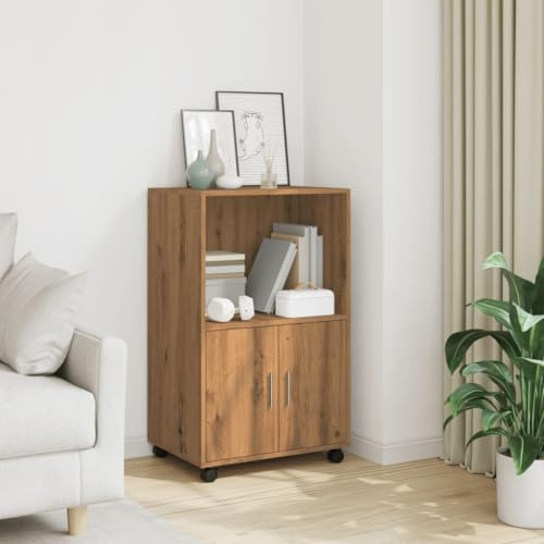 Mokuyary Rolling Cabinet Artisan Oak 55 x 40 x 91 cm Wood Material Rolling Container, Mobile Filing Cabinet with Wheels, Office Container, Side Table for Living Room, Office