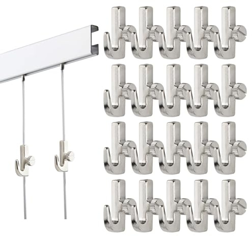 20 Pezzi Ganci per Quadri Regolabili, Mini Ganci per Binari di Galleria in Lega di Zinco, per Fune in Acciaio 1-2mm, Kit Appendi Quadri Pesanti per Foto e Arte, Portata 45-60kg (20)