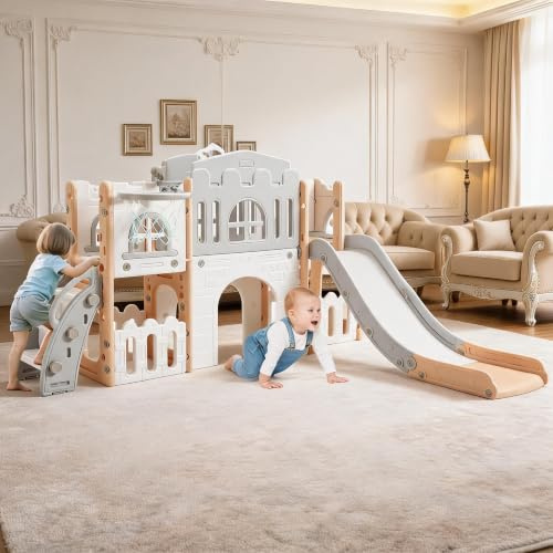 Parque Infantil Castillo 8 En 1 Con Tobogán Canasta De Baloncesto Túnel De Gateo Volante Simulado Telescopio y Escalera De Escalada 2 Almacenes Grandes Bebés 1-3 Años Uso Interior Salón ExteriorJardín
