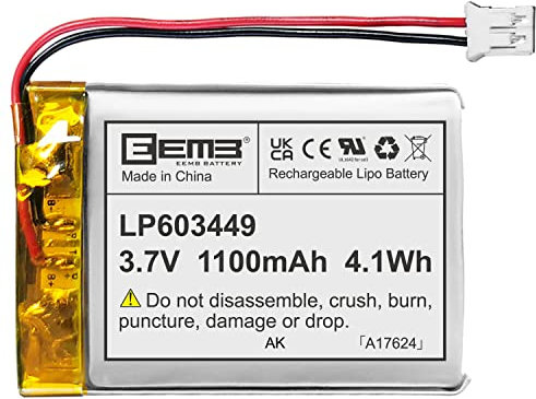 EEMB Lithium Polymer battery 3.7V 1100mAh 603449 Lipo Rechargeable Battery Pack with wire JST Connector-confirm device & connector polarity before purchase