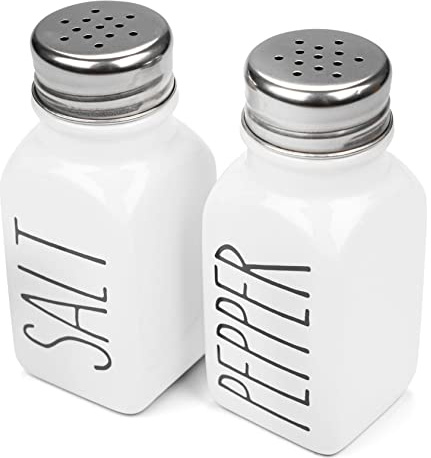 Heartland Home Farmhouse Ceramic Salt and Pepper Shakers Set with Extra Lids. 100% Stoneware Salt and Pepper Shaker Set. White Pepper and Salt Shaker with Lid x4. Kitchen Salt Pepper Shaker Set