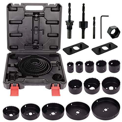 BLOSTM Scie Cloche à Bois et PVC - 21 Pièces Scies Cloches 19mm-152mm, 2 Forets, 1 Clé Hexagonale, 1 Plaque d'Installation, 2 Mandrins et 1 Mallette Compacte - 21 Pièces