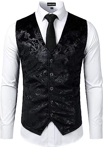 PARKLEES Chaleco metálico de lujo para hombre, estampado dorado de cachemira, brillante, para boda, graduación, fiesta, traje o esmoquin, Negro, M