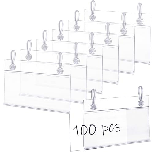 Elsjoy 100 Stück Etikettenhalter Transparent, 10x5,5cm Kunststoff Preisschildhalter, Schild und Tickethalter mit Doppeltem Schnappverschluss, Einzelhandel, Speisekammer