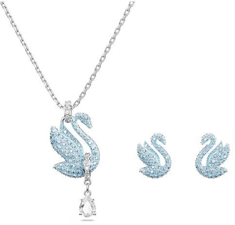 Swarovski Iconic Swan Set Collana Pendente e Orecchini a Lobo, con Cigno in Pavé di Cristalli Swarovski, Placcatura in Tonalità Rodio, Blu