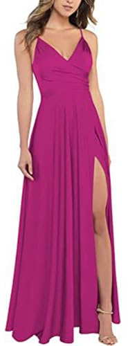 xxxiticat Damklänning, v-ringad, med spagettiremmar, av satin, brudtärneklänningar, formell A-linje-klänning, för avslutningsbal, aftonklänning med slits, Fuchsie, XL