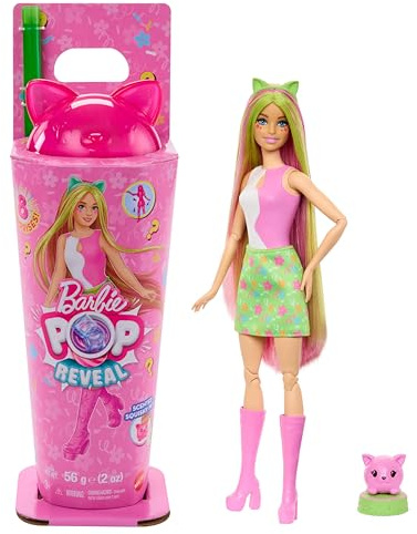 Barbie Pop Reveal Colección Batidos Conejito brillante Muñeca y accesorios, muñeca de moda perfumada, mascota perfumada y 8 sorpresas, incluye cambio de color, JCN88