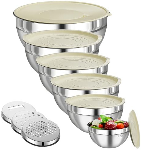 LEIKEEGO Rührschüssel mit Deckel 6er Set, Edelstahl Schüssel Set mit Spritzschutz, Rührschüssel Set mit 3 Reibenaufsätzen, Größe 4.5L, 3L, 2.1L, 1.6L, 1.1L, 0.7L