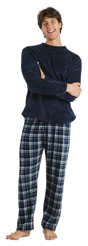 TRAMAS+ Pijama Hombre de Invierno, Pijama de Coralina con Manga Larga Polar y Pantalón Largo, Conjunto de Pijama Cómodo y calentito - S, Cuadro Brais Azul Marino