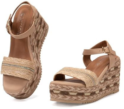 MISSCAI Sandali Donna Estivi con Zeppa Alta Plateau in Stile Espadrillas Scarpe Aperta Comode con Cinturino alla Caviglia WWS250140 Beige 39