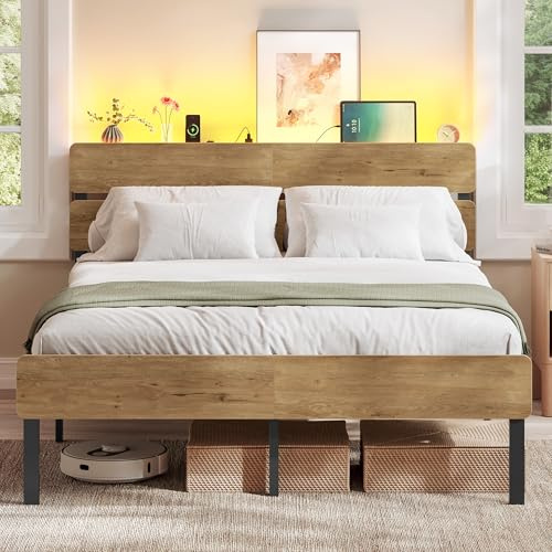 VASAGLE Double Metal Bed Frame, 135 x 190 cm, LED Lights, USB and Type-C Ports, Under-Bed Storage Space, Industrial Style, Easy Assembly, Natural Brown, RMB106K01