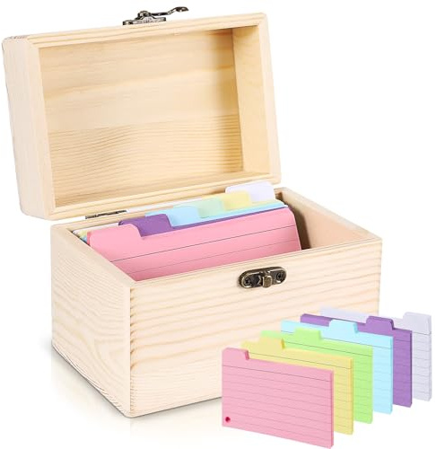 PCXWTLN Index Card Holder 3x5 with 150 6-Color Tabbed Divider Cards, Wooden Recipe Box, Heavy Duty Recipe Card Holder Organizer, Flash Card Storage Box for Study, Filing Office Revision Recipe Notes
