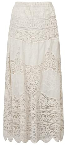 Women's Western Floral Lace Skirt Summer Boho Crochet Knit A-Line Maxi Skirts Eyelet Hippie Flowy Beach Long Skirt