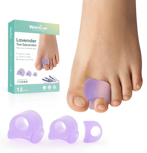 Welnove Toe Separator for Overlapping Toes - 12 PackToe Spacers for Bunions - Toe Corrector for Hammer Toes, Realign Crooked Toes - Preventing Rubbing Relieve Pressure(Multi-Size, Lavender)