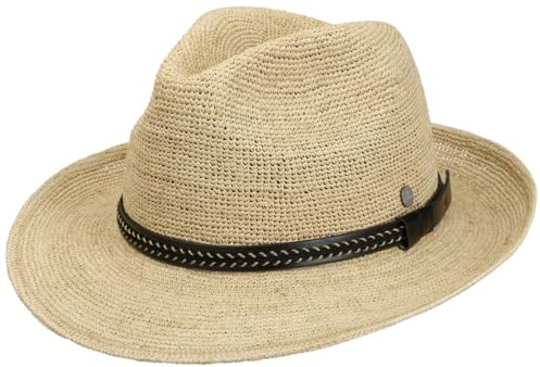 Lierys Crochet Bogart Raffia Hat by Men - Made in Italy Straw Summer with Leather Trim Spring-Summer - XL (60-61 cm) Nature