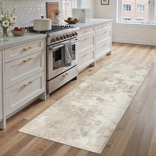 PureCozy Tappeto Salotto Moderno Astratto Tappeti Camera Da Letto, 60x180 cm Tappeto Vintage Corridoio Antiscivolo Lavabile Pelo Corto per Soggiorno,Cucina, Ufficio, Interno,Beige