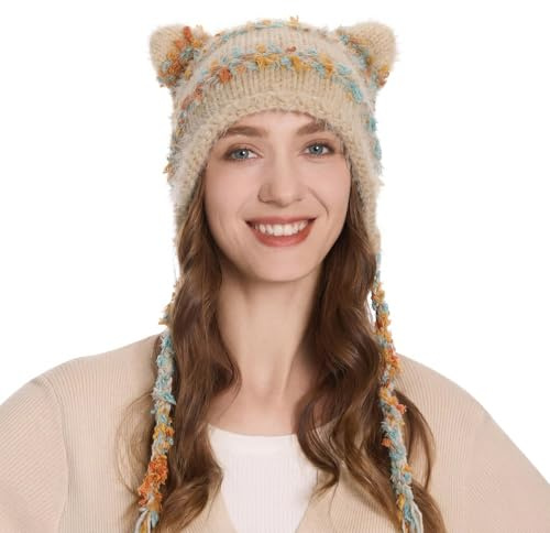 ZLYC Bonnet d'hiver en Tricot avec Oreilles de Chat - pour Femme - Grunge, Pompon rayé Beige, Taille Unique