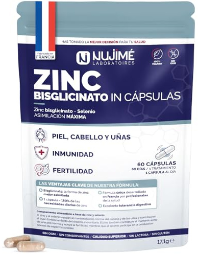 Zinc Bisglicinato 15 mg + Selenio | Máxima asimilación | Piel, Uñas, Cabello, Inmunidad, Fertilidad | 60 cápsulas veganas | Tratamiento de 6 meses | Fabricado en Francia