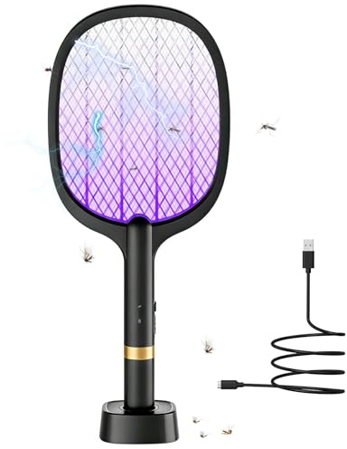 Matamoscas eléctrico de 5000 V, 2000 mAh, batería, matamoscas eléctrico extrafuerte, 2 en 1 USB C con batería, recargable, matamoscas eléctrico con trampa de luz UV para moscas, mosquitos, avispas y