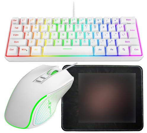 Lazmin112 RGB-speltangentbord och Muskombination, Ergonomiskt Mekaniskt Tangentbord med Anpassningsbar Bakgrundsbelysning, Optisk med Hög Precision, Inklusive Musmatta, för Spel och Arbete (Vit set)