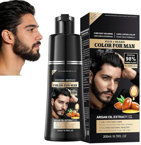 Coloration Cheveux Homme Noir 4-en-1,Shampoing Colorant Noir pour Cheveux et Barbe,Black Hair Dye Shampoo,Teinture Barbe Homme Naturelle et Semi-Permanente,Soin Doux,Usage Maison Pratique,200ml