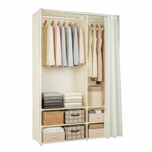 EVERGOODS Portable Fabric Wardrobe Closet 106 × 43 × 166 cm, Freestanding Clothes Storage Organizer with Hanging Rail & Shelves, Dustproof Curtain for Bedroom, Apartment, Dorm, Living Room (Beige)