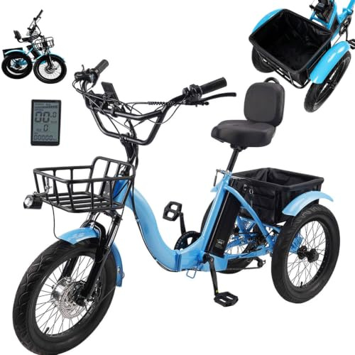 HDaspijh Tricycle électrique Pliable pour Adulte De 18 Pouces avec Grand Panier,Pneus Larges 18 x 3.0,écran LCD,Pente Facile À 15°,3 Modes De Conduite,Batterie 48 V 13 Ah - Autonomie De 44 Km Blue