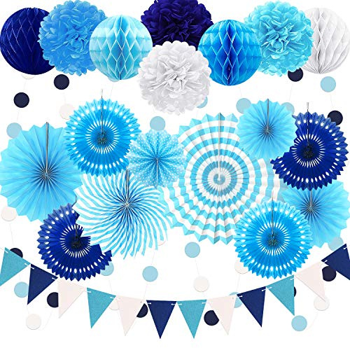 23Pcs Blue Birthday Party Decorations for Boys Men Navy Royal Light Blue Honeycomb Ball, Hanging Paper Fans, Pom Poms, Baby Shower Decorations Boy, Party Supplies 16th 18th 21th 30th 40th 50th