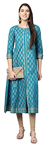 Yash Gallery dam plus size bomull vadlängd utsvängd 3/4 ärm anarkali kurta klänning för sommaren, Blå (Teal blå), M