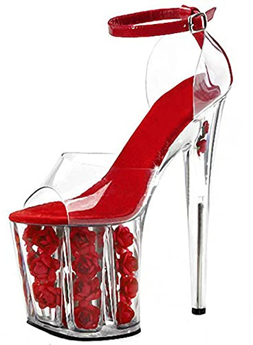 20CM Sandali con Plateau Rosa in Cristallo Trasparente da Donna Tacco a Spillo Tacco Alto Stile Romano Pompe per Feste Sexy Discoteca Pole Dance Scarpe da spogliarellista,Rosso,37 EU