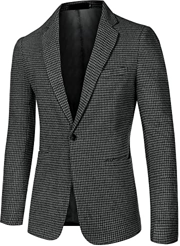Lars Amadeus Men's Casual Plaid Sports Coat Notched Lapel One Button Houndstooth Blazer Black L