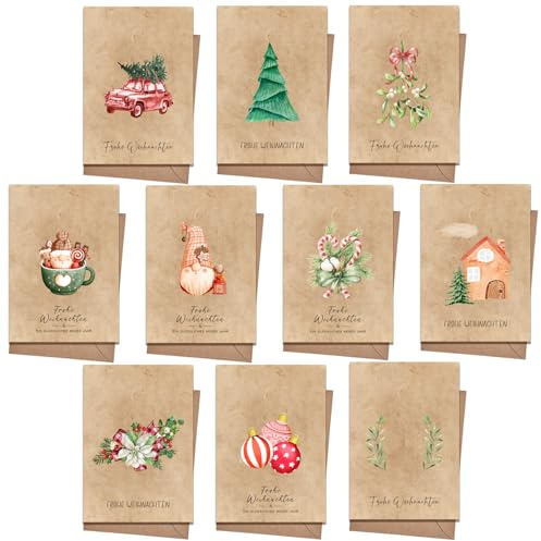 PANSIBY Set di Cartoline Natale con Busta (20 pezzi), Biglietti Pieghevoli e Buste, in Carta Kraft per Natale, Biglietti di Auguri e Buste