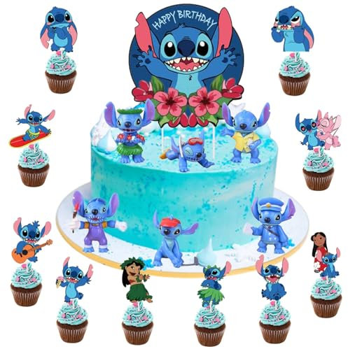 Lil Stitc Cake Topper, 17 PCS Stitc Party Kuchen Dekoration, Cartoons Kuchen Topper, Stitc Cake Toppers, Stitc Cupcake Toppers, Stitc Figuren Set, für Geburtstagsfeier Cupcake-Dekoration für Kinder
